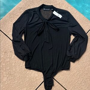 New York & Company Black Tie-Neck Long-Sleeve Bodysuit